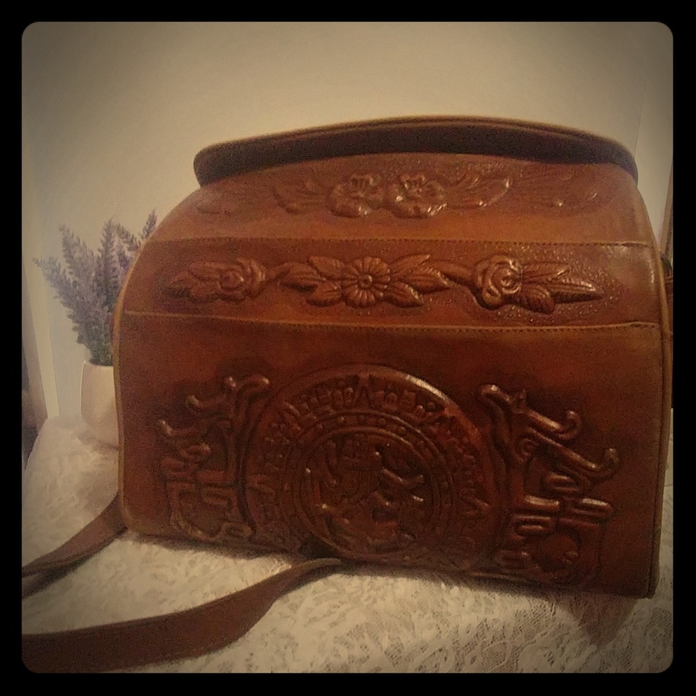 Vintage Aztec hand tooled leather bag